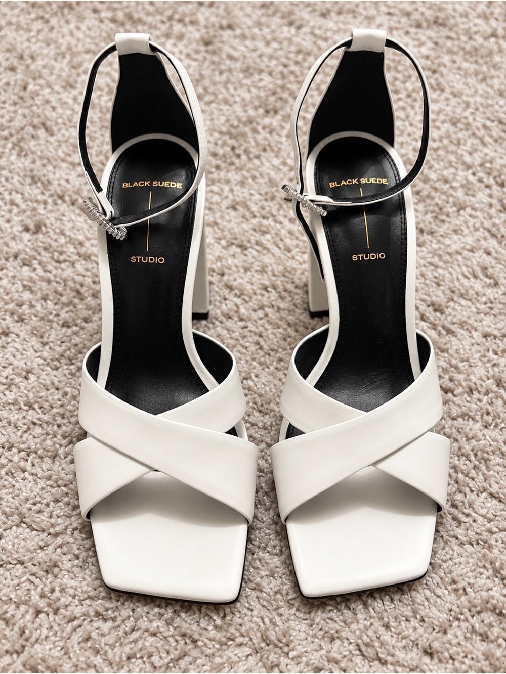 Black Suede Studio White Crisscross Square Toe Block Heel Sandals